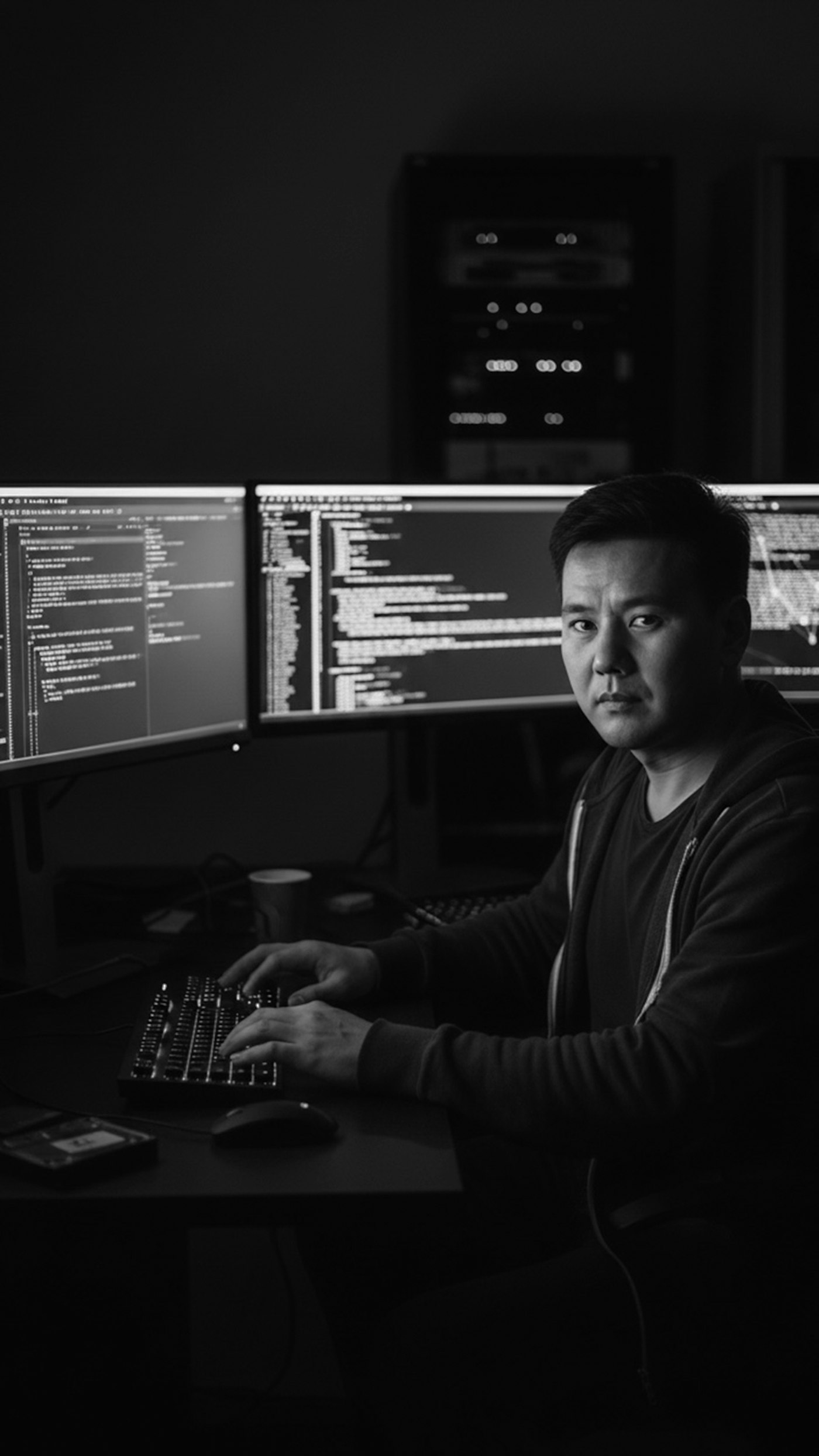 An engineer carefully reviewing code on multiple monitors — human judgment alongside autonomous operations