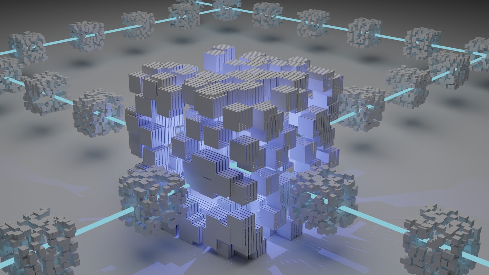 Abstract 3D blue cubes connected in a network — structured data and verifiable trails