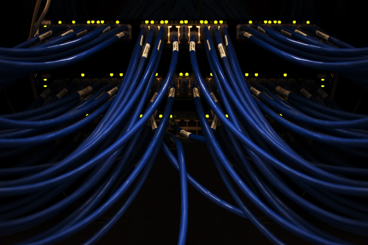 Blue network cabling in a server rack