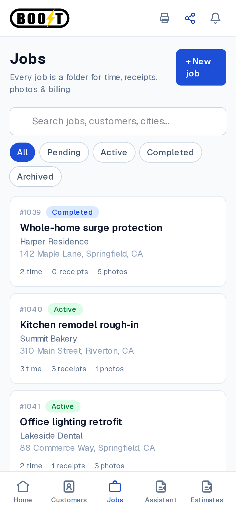 A field-service app on a phone: today's jobs listed with status chips, each job a folder for time, receipts, photos and billing. Demo data.