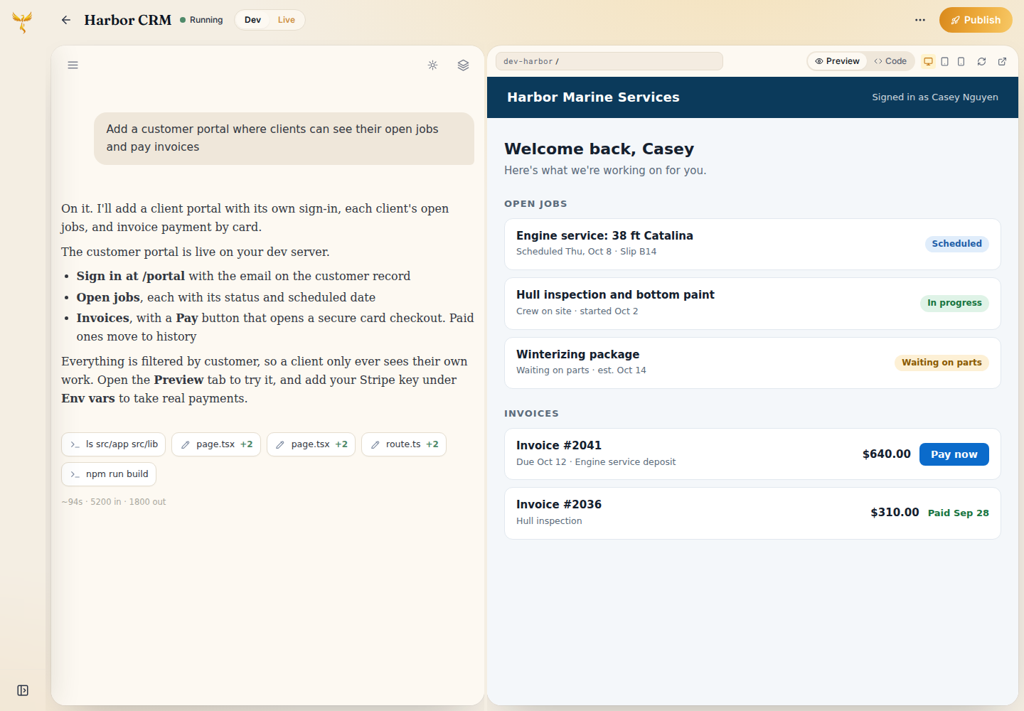 The Studio builder chat on the left and the running app on the right: the user asks for a customer portal where clients can see open jobs and pay invoices, and the portal is live in the preview pane.