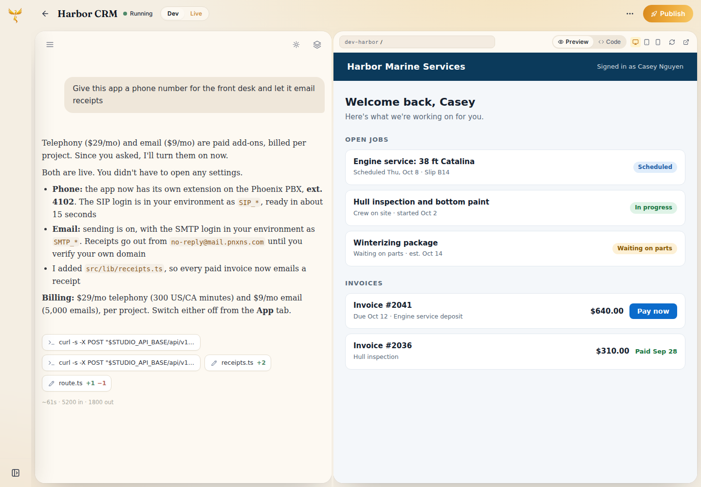 The Studio builder chat: the user asks for a front-desk phone number and email receipts; the builder replies that both are live and no settings had to be opened.