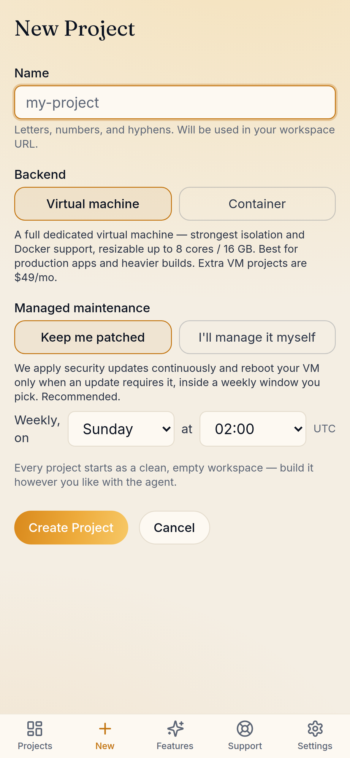 The Studio new-project screen: a dedicated virtual machine with up to 8 cores and 16 GB of memory, Docker, and a weekly patching window you choose.